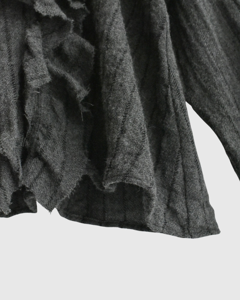 Wool Stripe Frill Trim Blouse in Gray