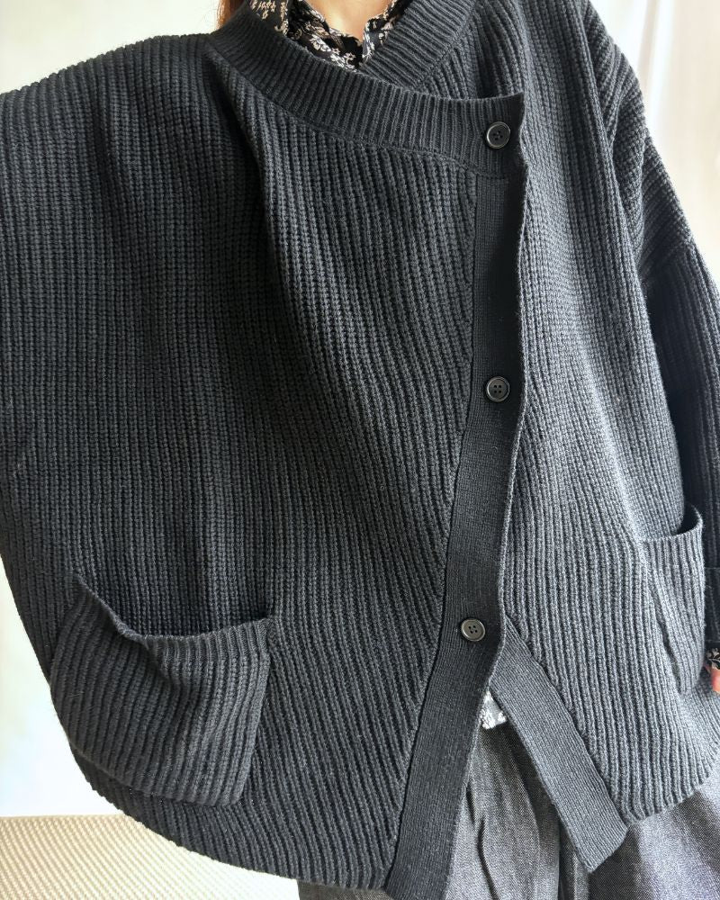 Lamb Wool Diagonal Cardigan in Black