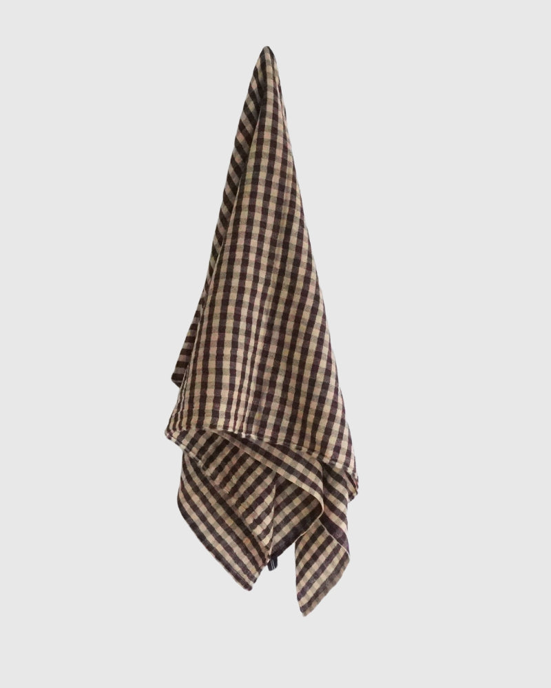 Wool Linen Gingham Check Stole in Camel/Brown
