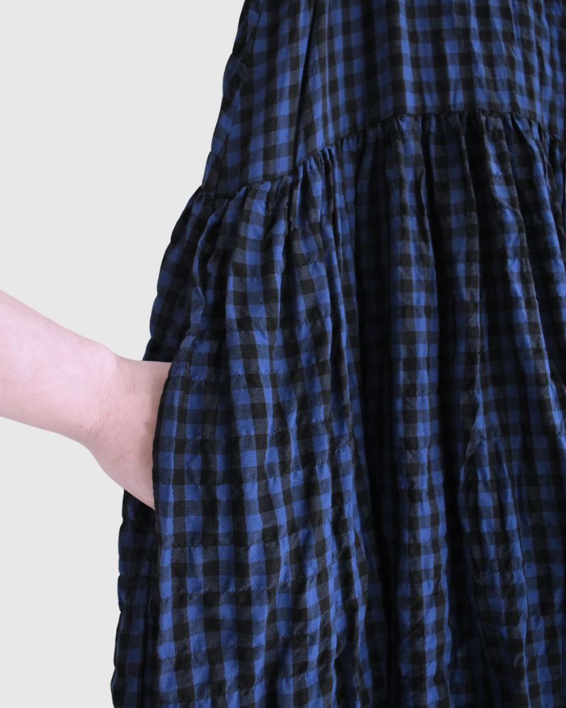 Block Check Sleeveless Gathered Dress in Navy
