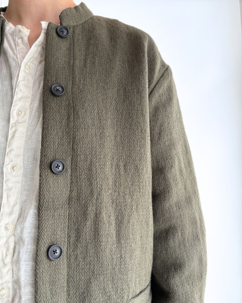 STAND COLLAR FLY FRONT JACKET in Olive
