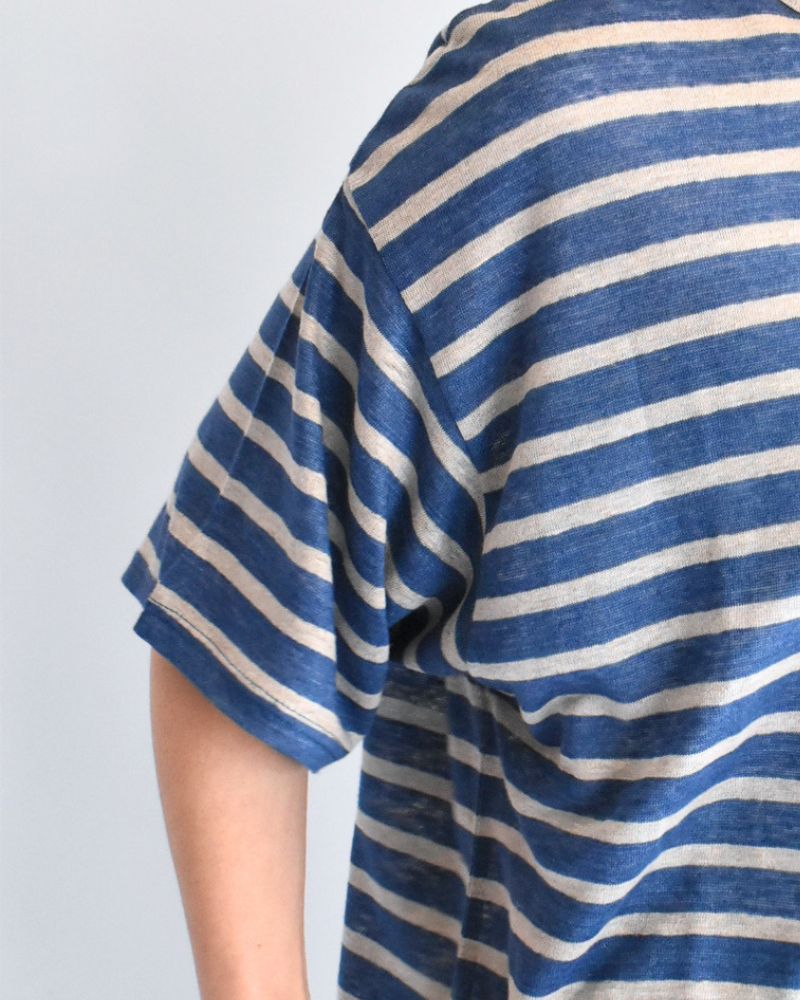 Linen Jersey Border Pullover in Blue/Natural