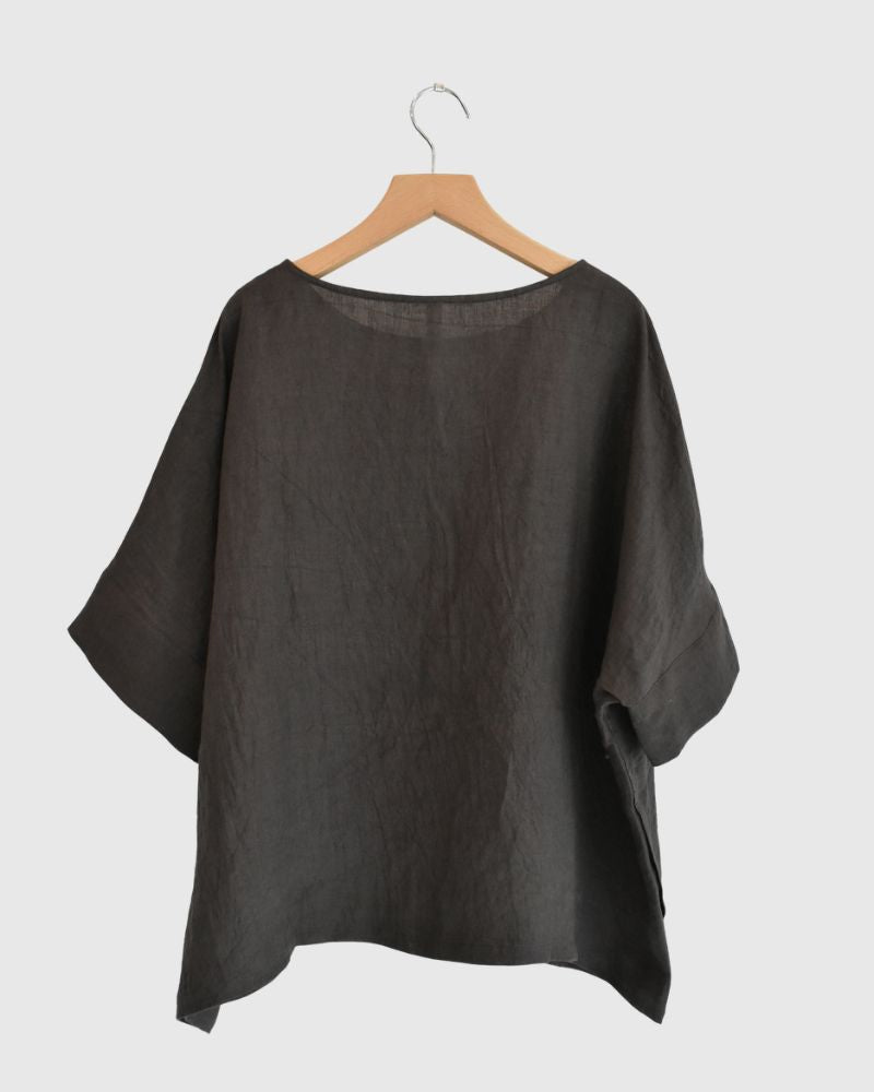 Boat Neck Wide Blouse (Linen) in Brown