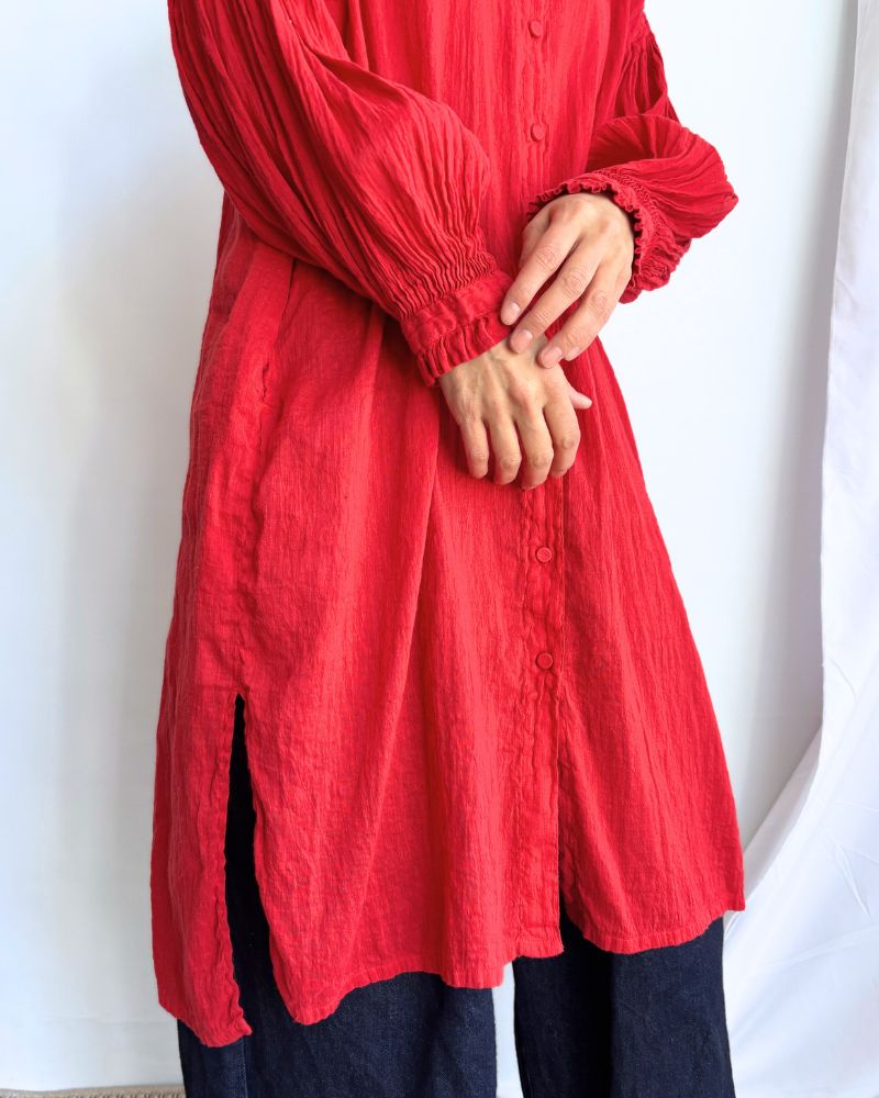 AUTO LOOM COTTON/LINEN PLAIN FRILL COLLAR MAXI SHIRT DRESS WITH MINI PINTUCK in Red