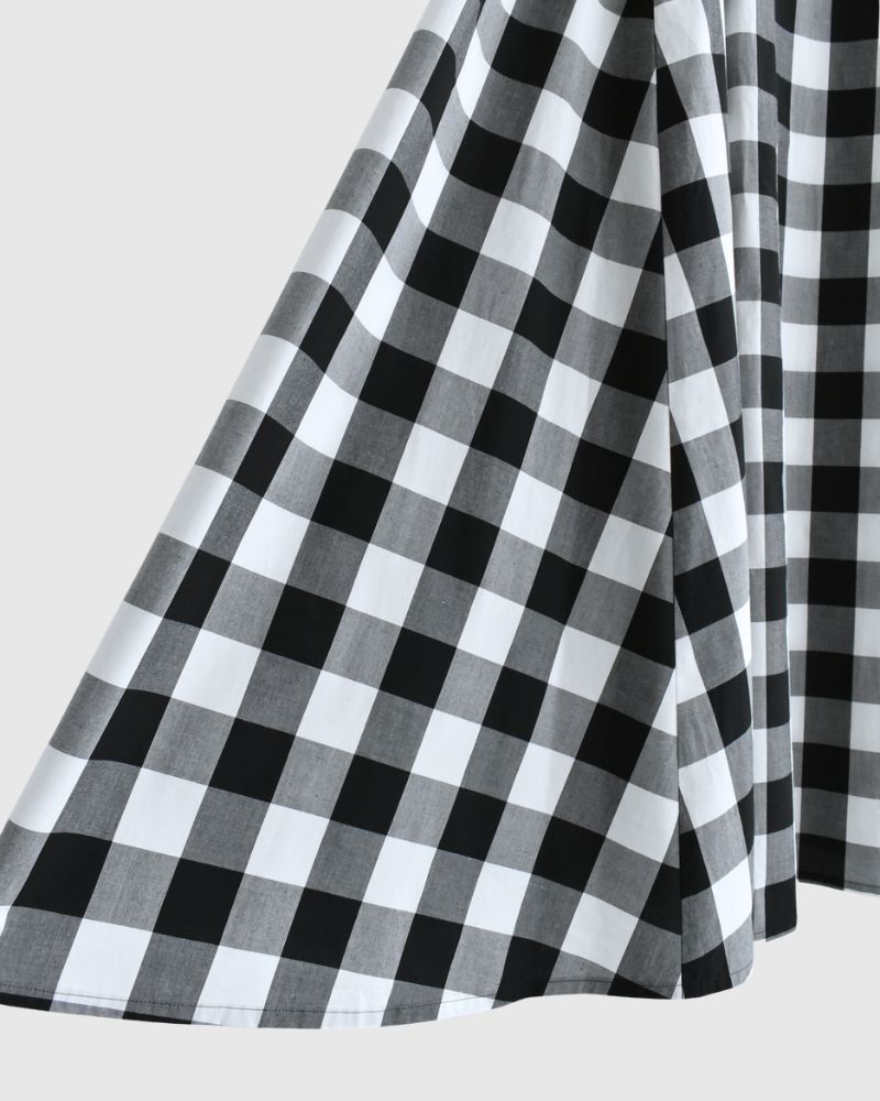 Block Check Sleeveless Flared Dress in White/Black