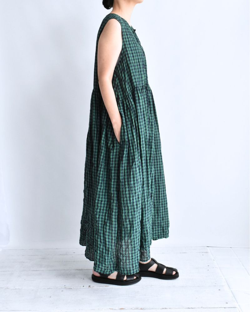 Block Check Sleeveless Gathered Dress in Green