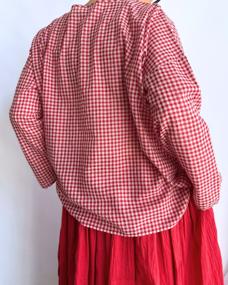 HANDWOVEN COTTON/SILK GINGHAM CHECK DROP SHOULDER SMOCK in Red