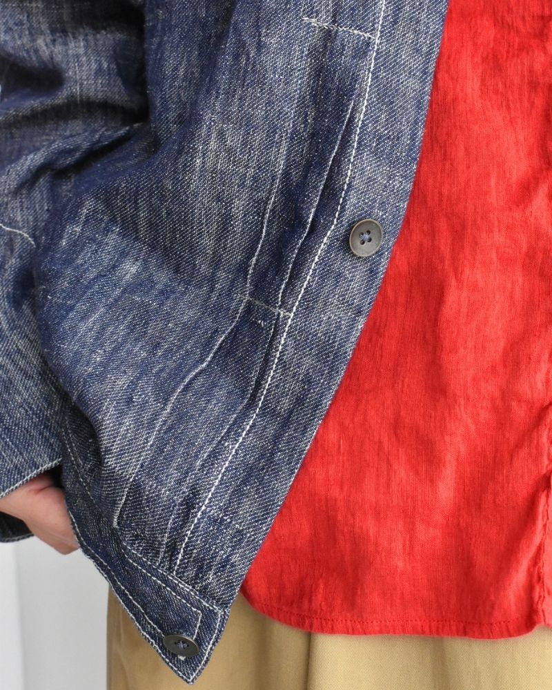 Handwoven Hemp Denim Collarless Jacket in Blue