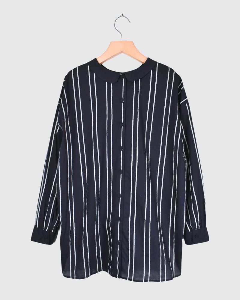 60s COTTON STRIPE BLOCK PRINT BACK OPENING ROUND COLLAR SHIRT Navy in Navy