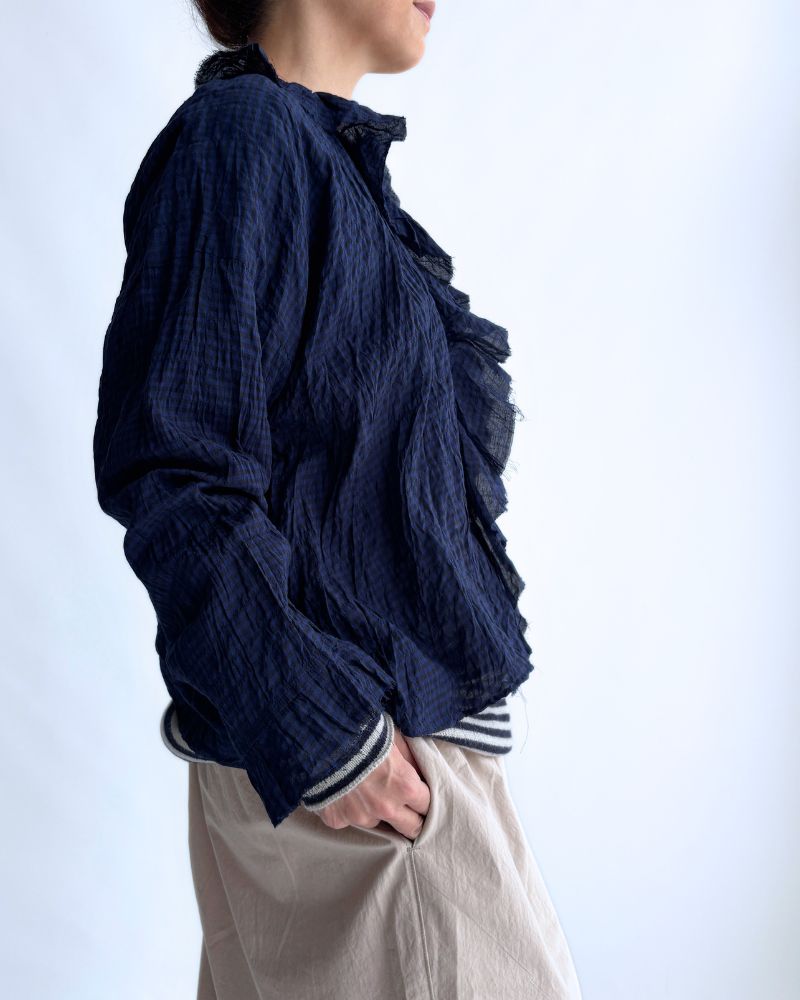 Check Frill Trim Blouse in NavyCheck
