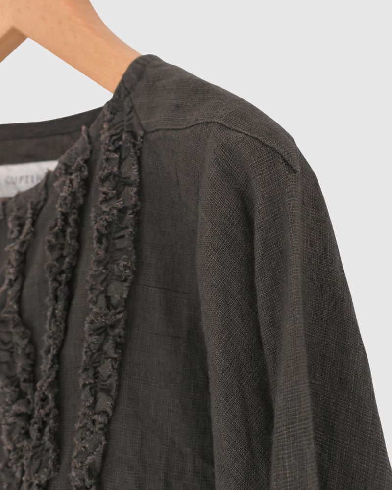 Hand Span Cotton Linen Ruffle Blouse in DarkBrown