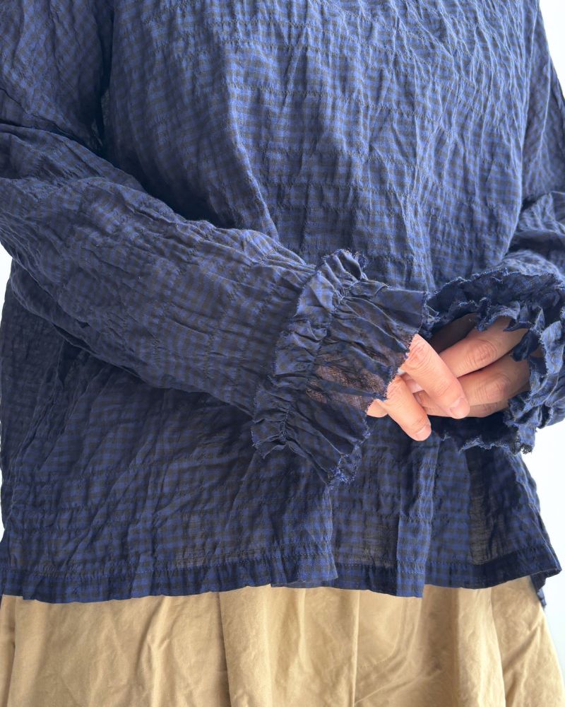 Check Neck Frill Box Pullover in NavyCheck