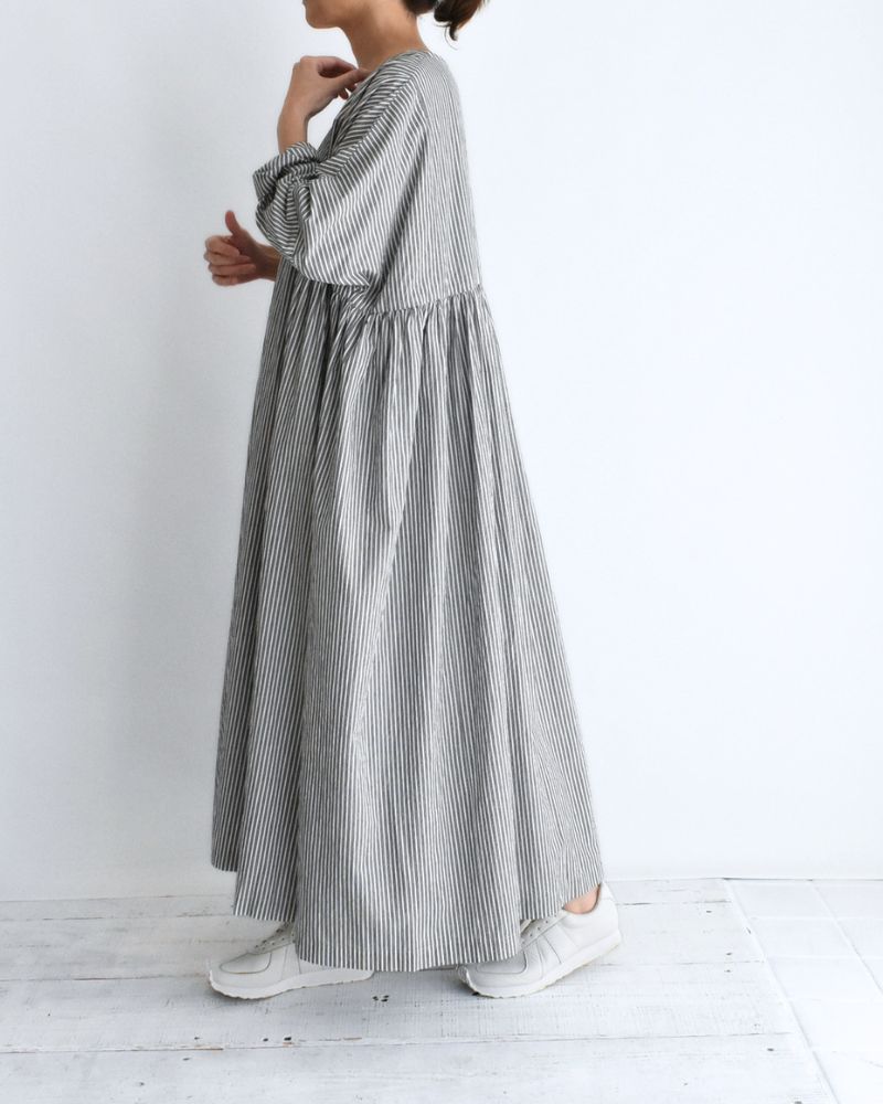 Gathered Dress in Stripe-B