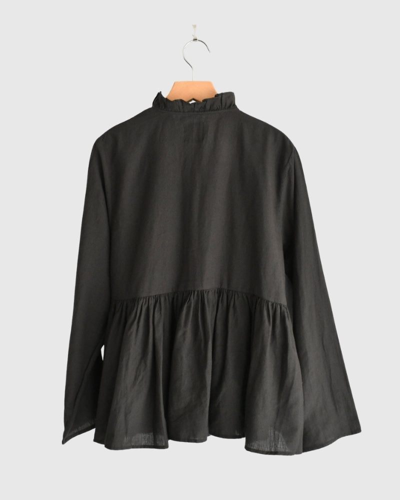 Twill Cotton Khadi Plain Frill Cache Coeur in Charcoal
