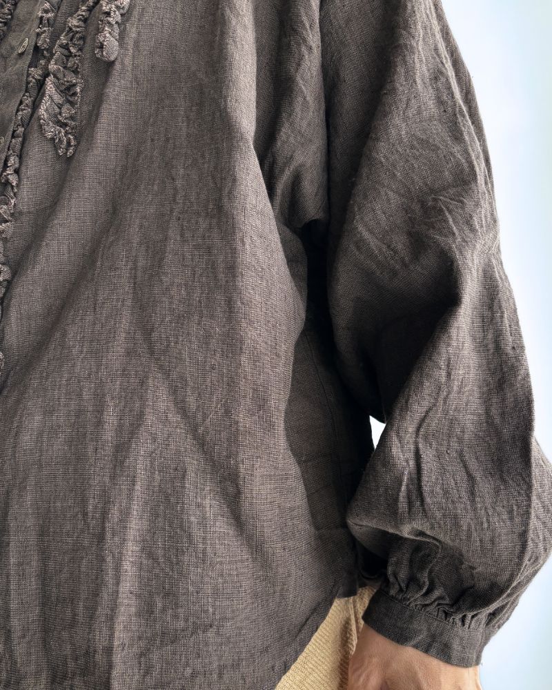 Hand Span Cotton Linen Ruffle Blouse in DarkBrown
