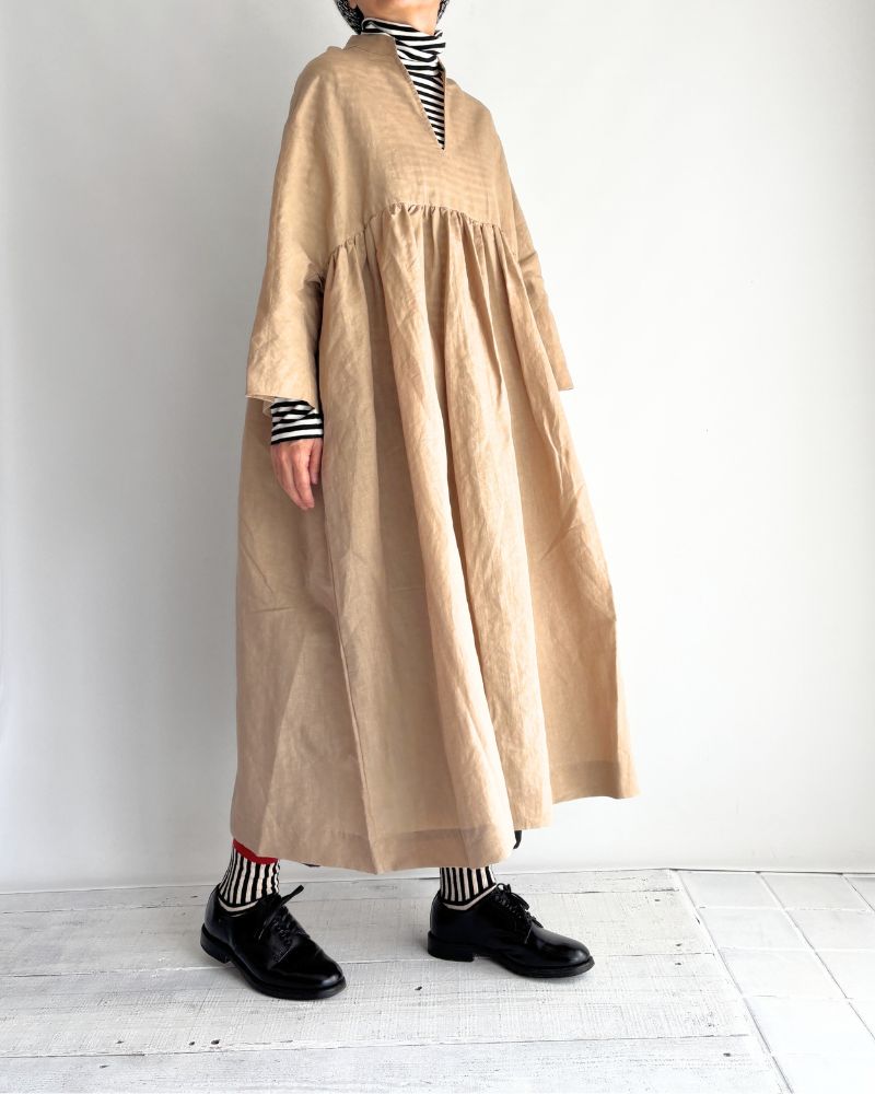 Linen cotton gathered dress in Beige