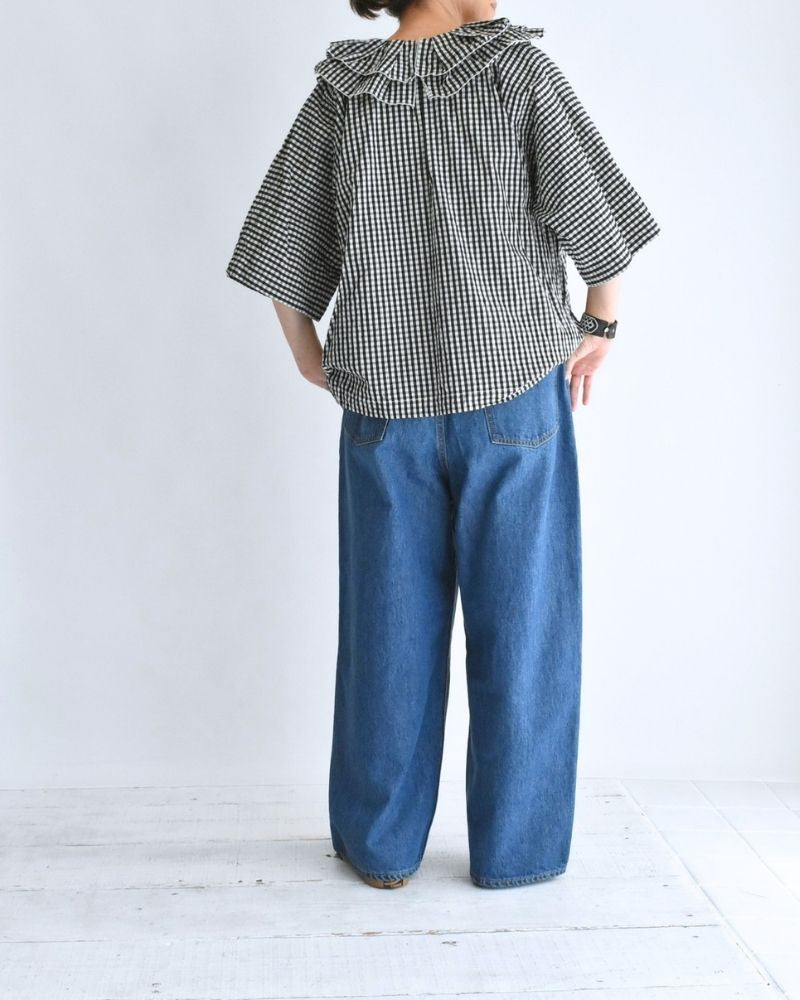Tuck Frill Pullover in Black/Ecru Check
