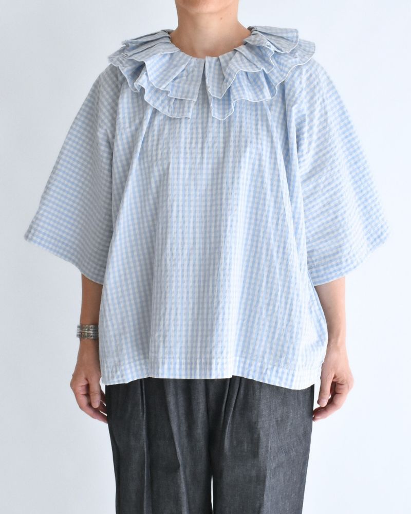 Tuck Frill Pullover in Sax/Ecru Check