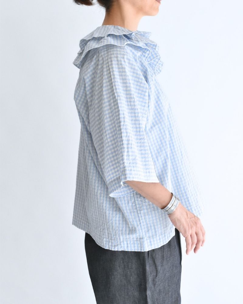 Tuck Frill Pullover in Sax/Ecru Check