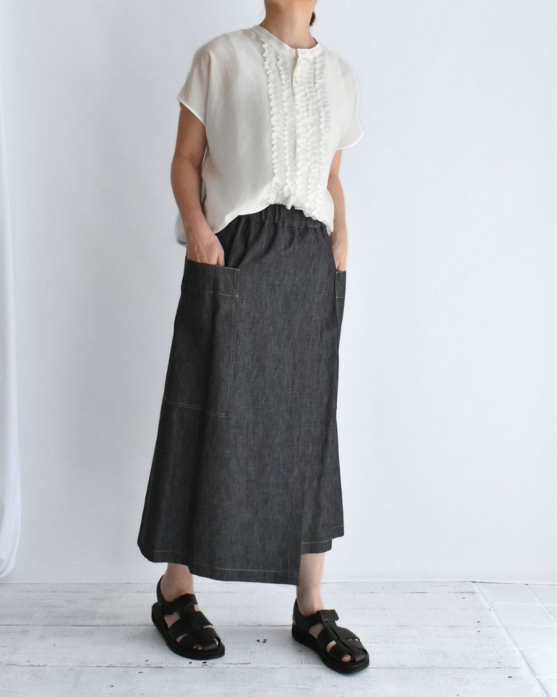 HEART-DENIM Asymmetrical Wrap Skirt in Indigo