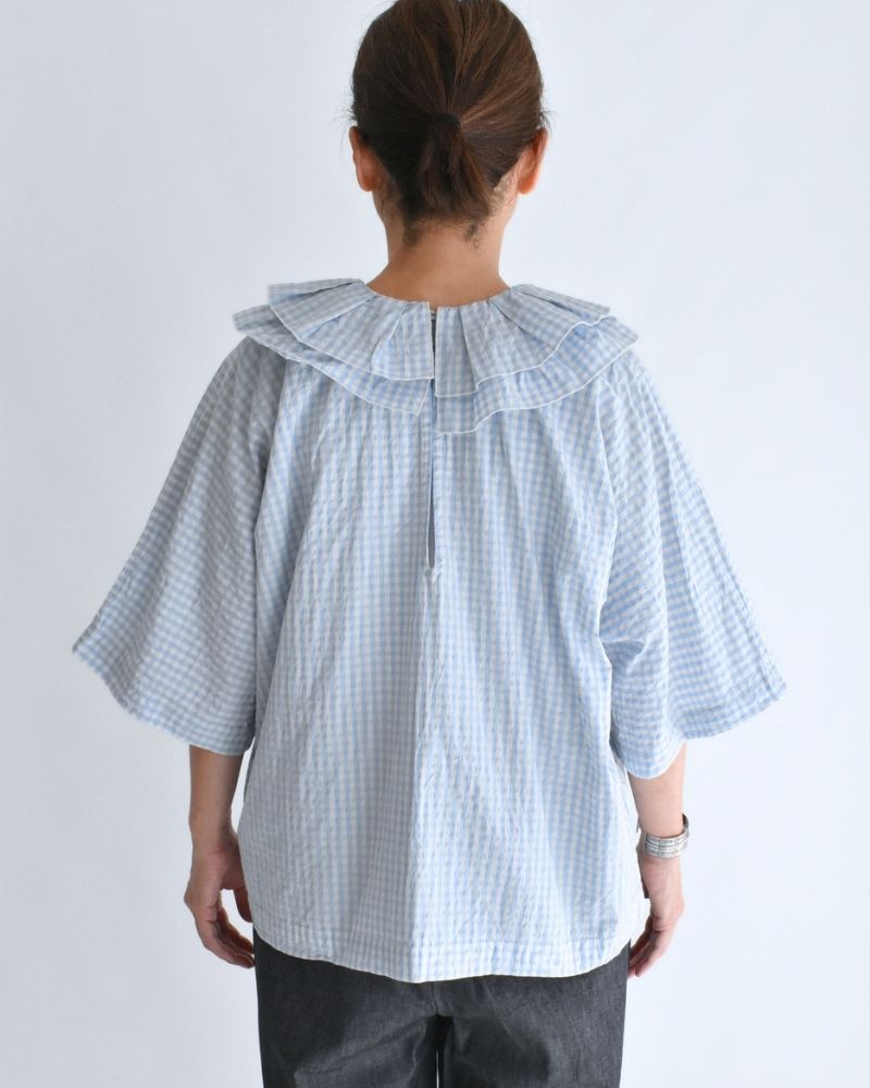Tuck Frill Pullover in Sax/Ecru Check
