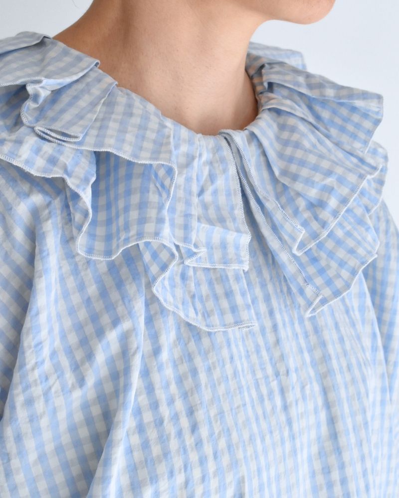 Tuck Frill Pullover in Sax/Ecru Check
