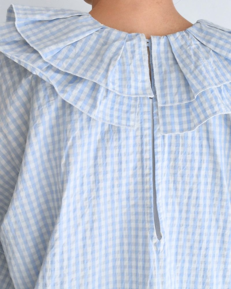 Tuck Frill Pullover in Sax/Ecru Check
