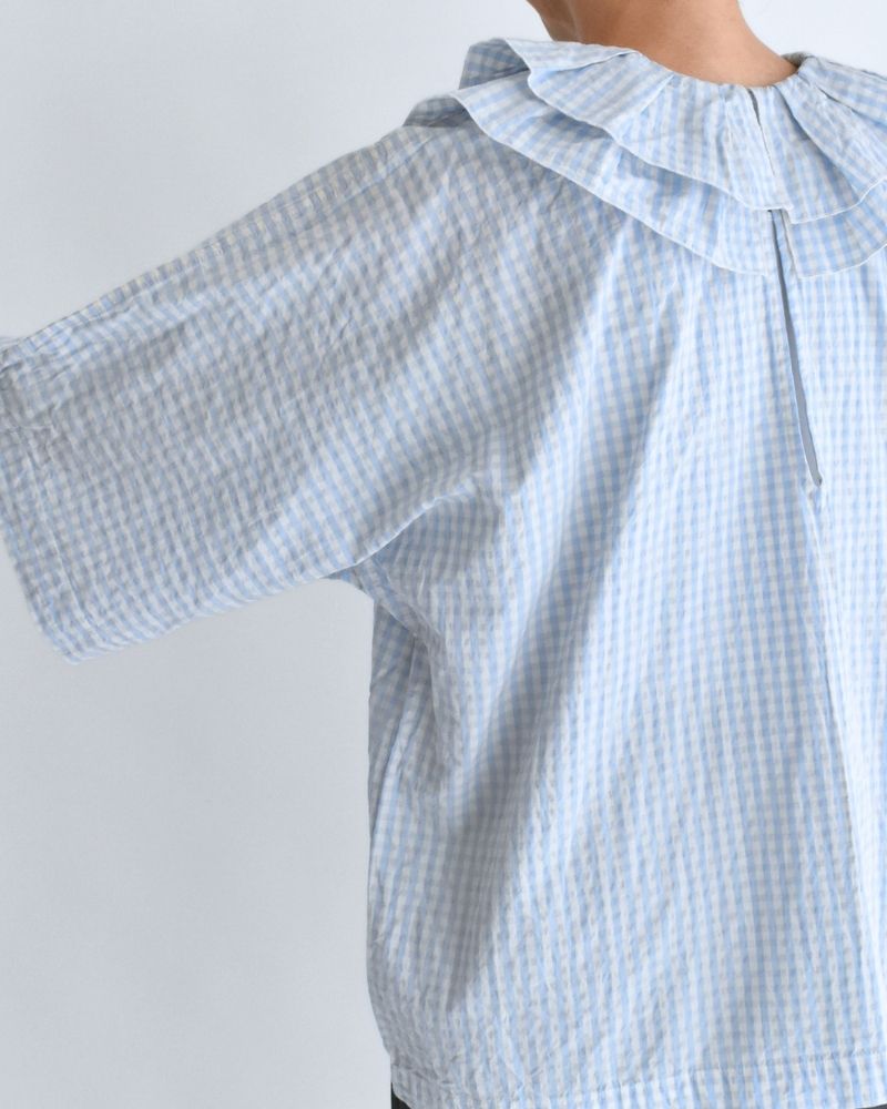 Tuck Frill Pullover in Sax/Ecru Check
