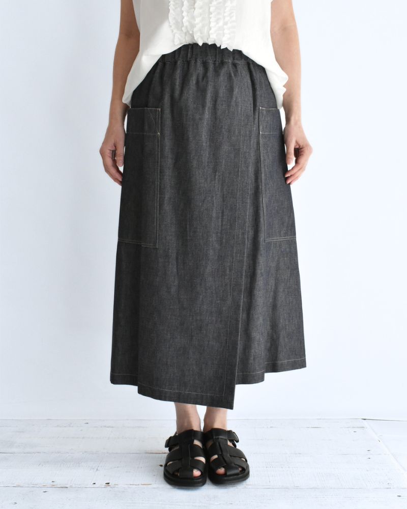 HEART-DENIM Asymmetrical Wrap Skirt in Indigo