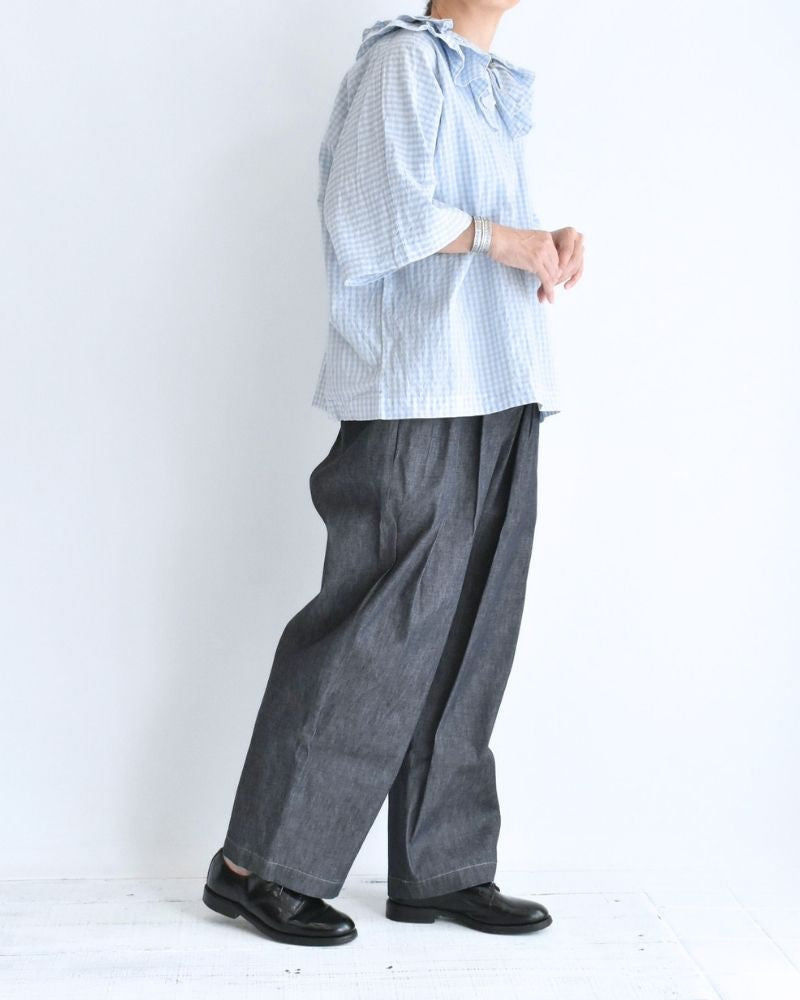 Tuck Frill Pullover in Sax/Ecru Check