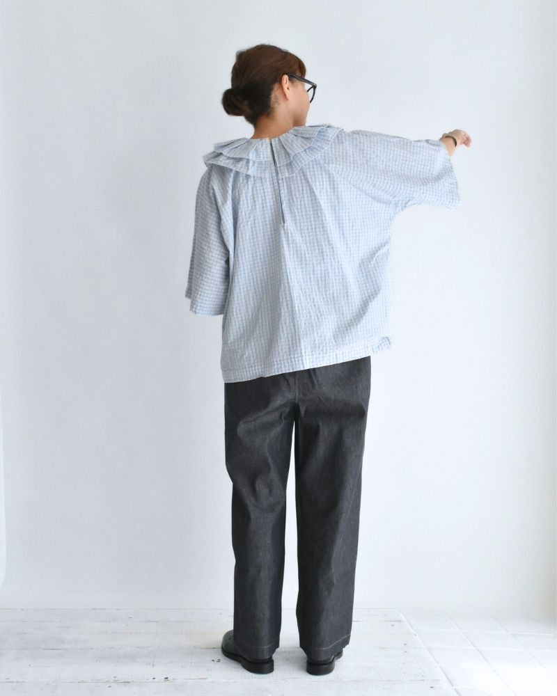Tuck Frill Pullover in Sax/Ecru Check