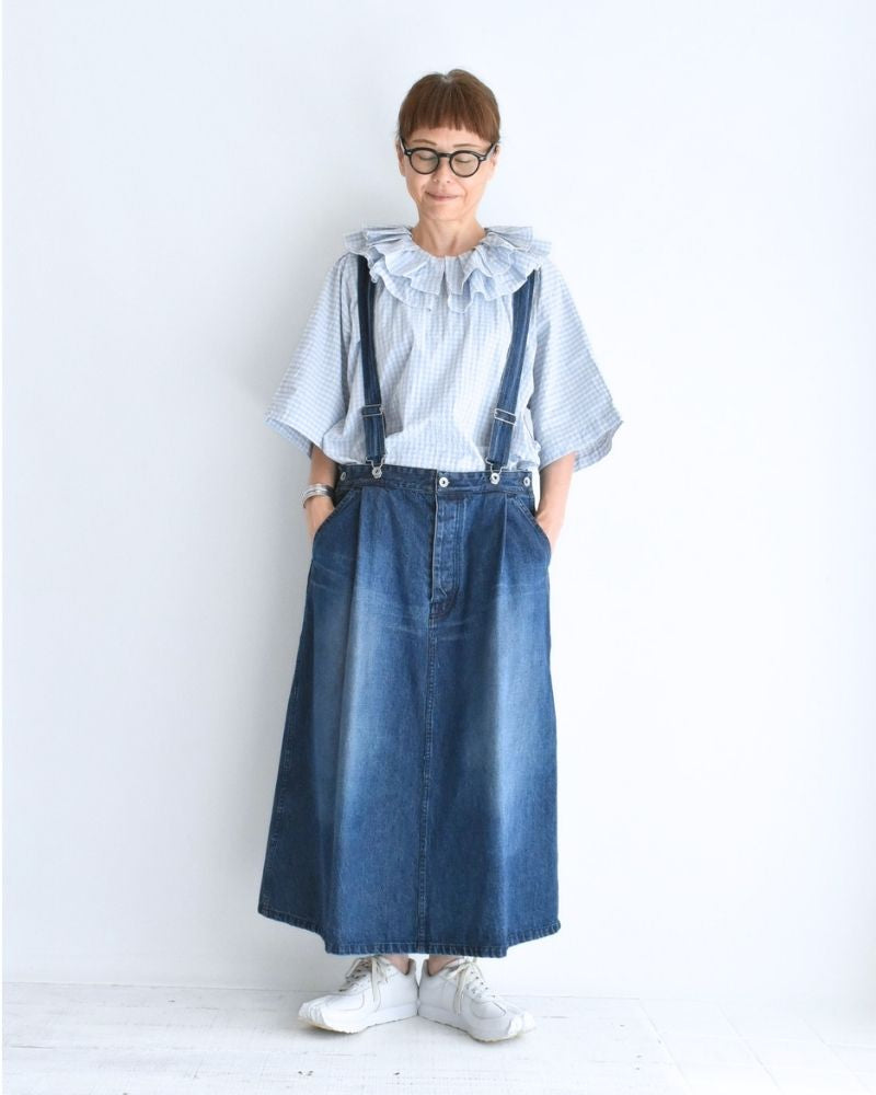 Tuck Frill Pullover in Sax/Ecru Check