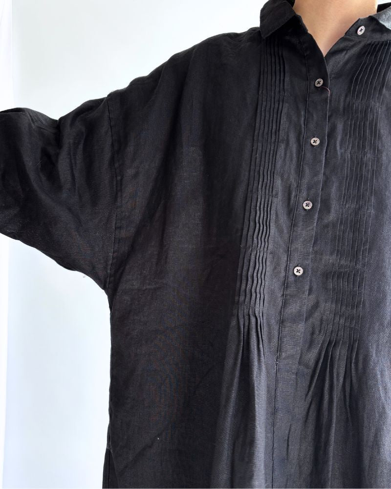Linen Tuck Shirt Dress in Black