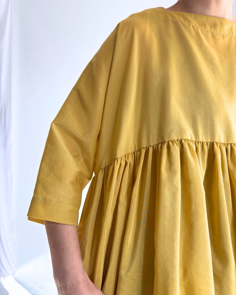 Gathered boat neck blouse in Yellow