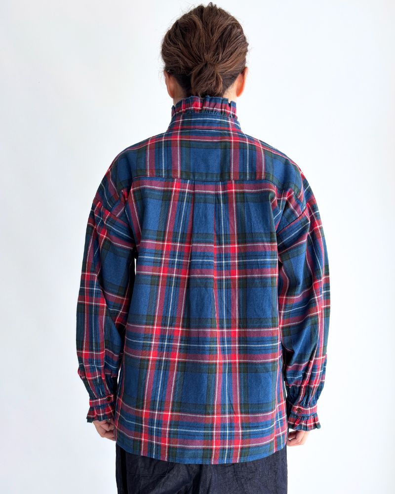 Indigo Tartan Frill Blouse in Blue