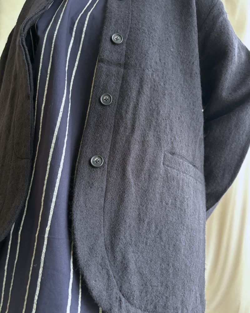 WOOL COTTON STAND COLLAR FLY FRONT JACKET in Navy