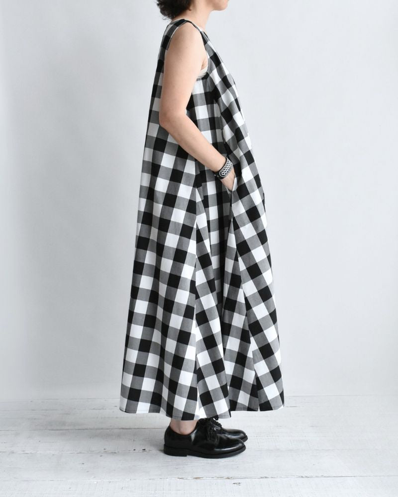 Block Check Sleeveless Flared Dress in White/Black