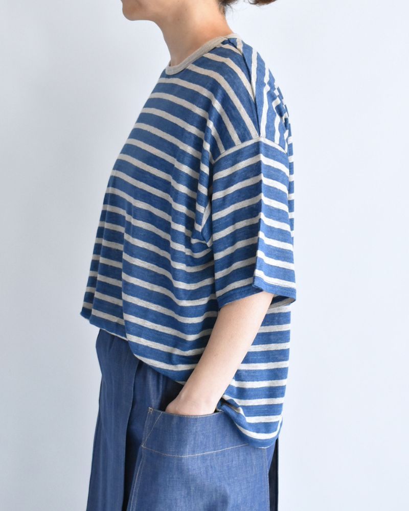 Linen Jersey Border Pullover in Blue/Natural