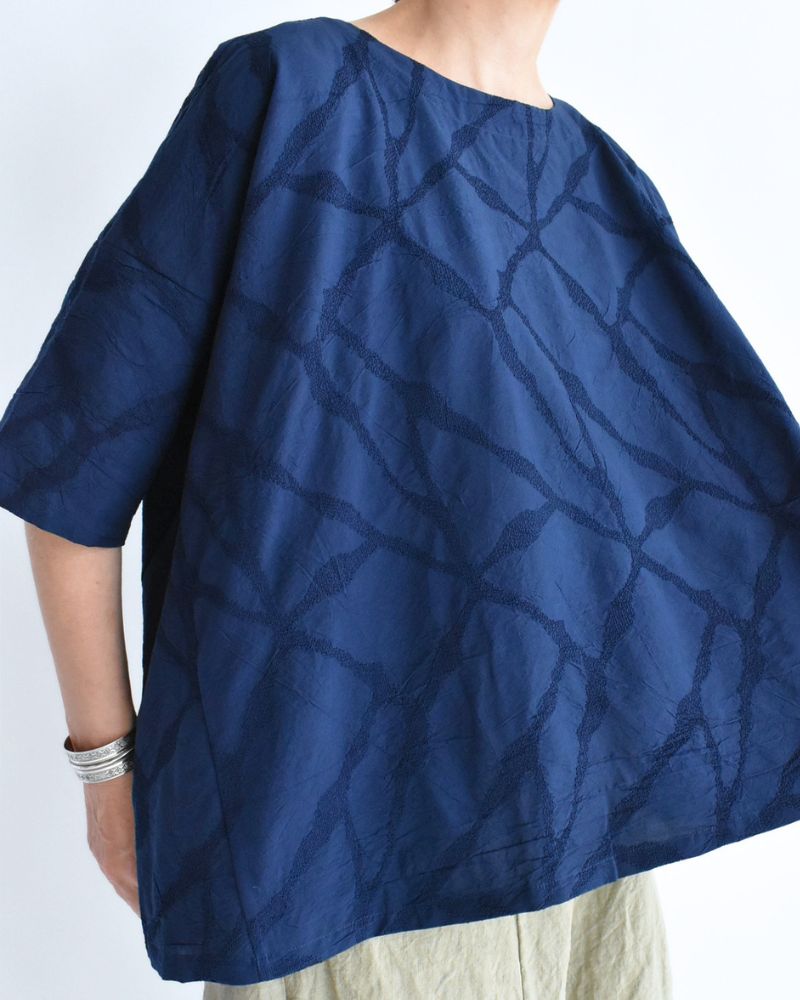 Panel Pullover Blouse (Embroidered) in Navy