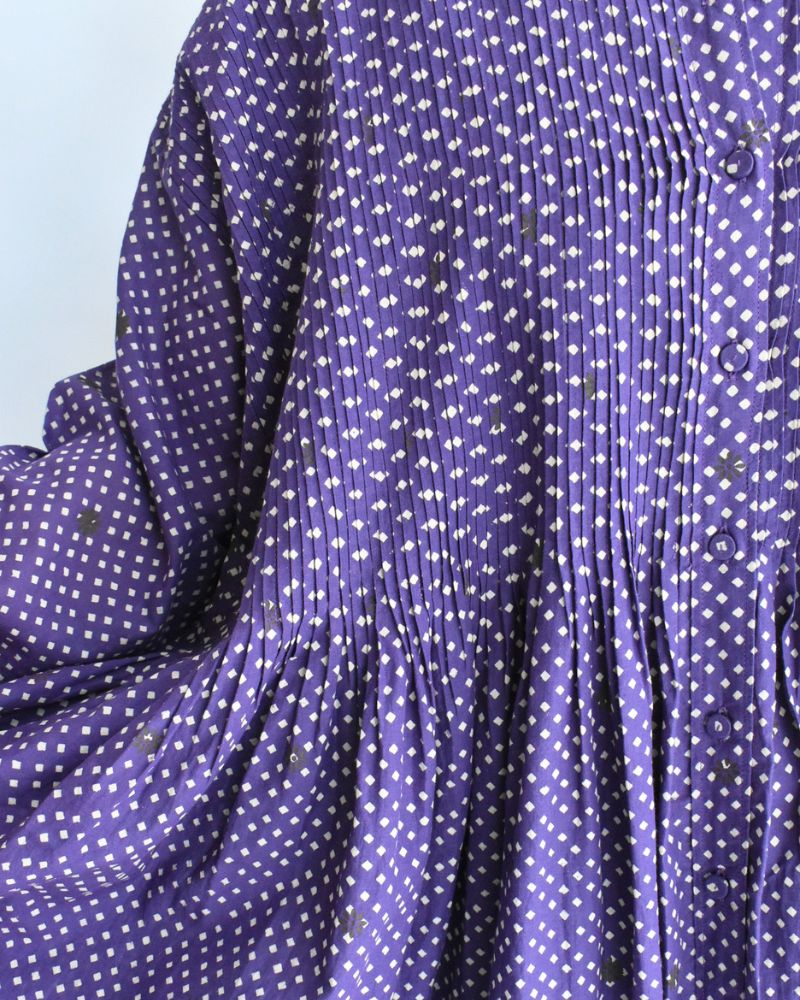 Crew Neck Button Shirts Dress with Mini Pintuck in Purple