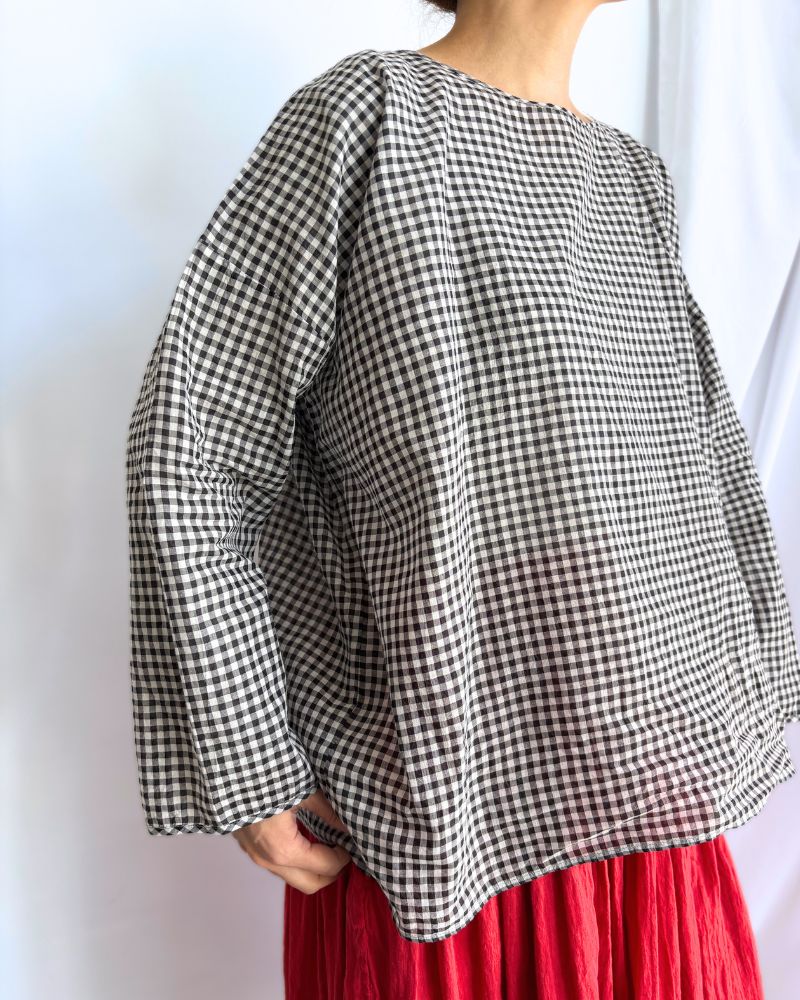 HANDWOVEN COTTON/SILK GINGHAM CHECK DROP SHOULDER SMOCK in Black