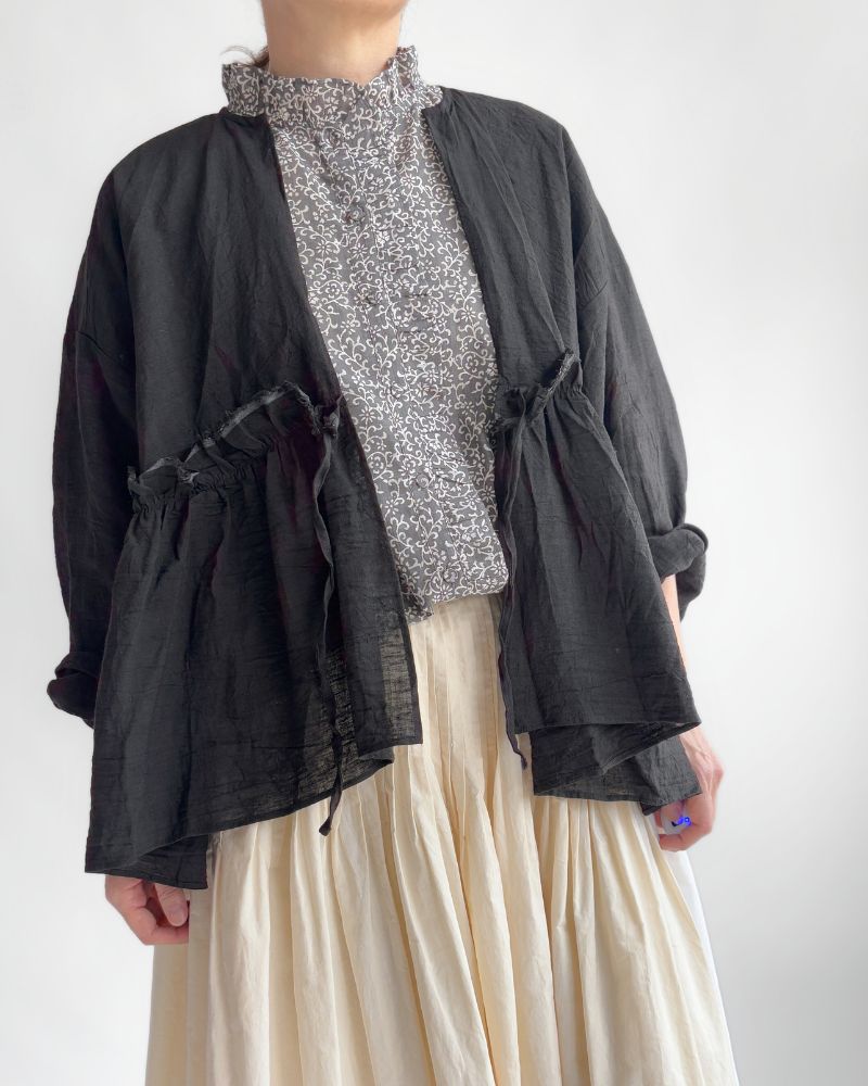 Linen Gathered Ribbon Coverall in Black