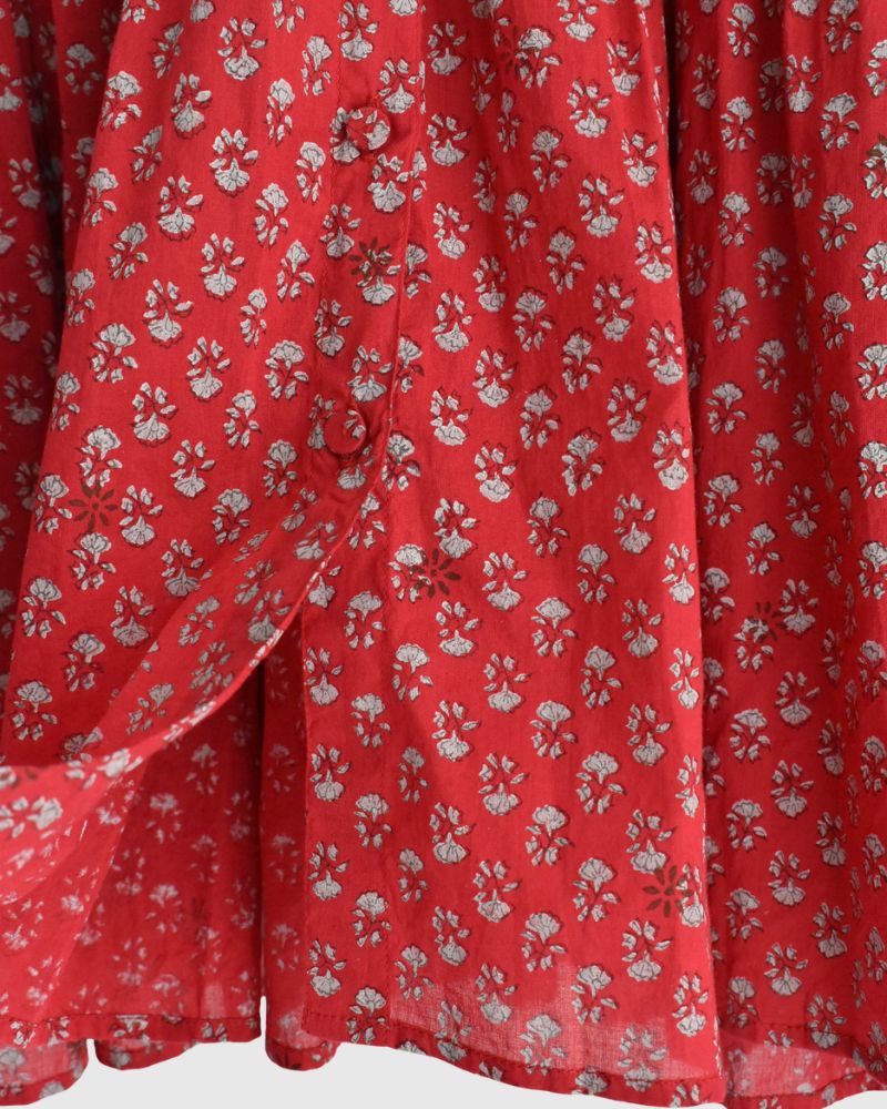 Crew-neck Button French Sleeve Shirt with Pintuck in Red