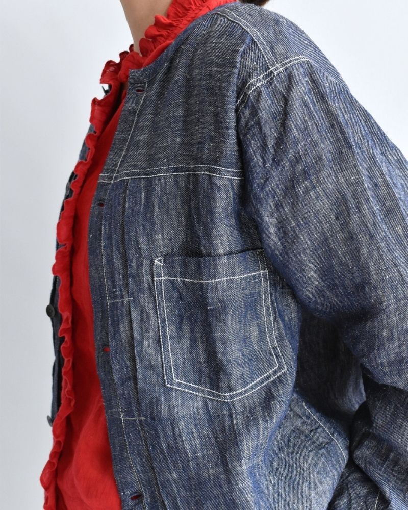 Handwoven Hemp Denim Collarless Jacket in Blue