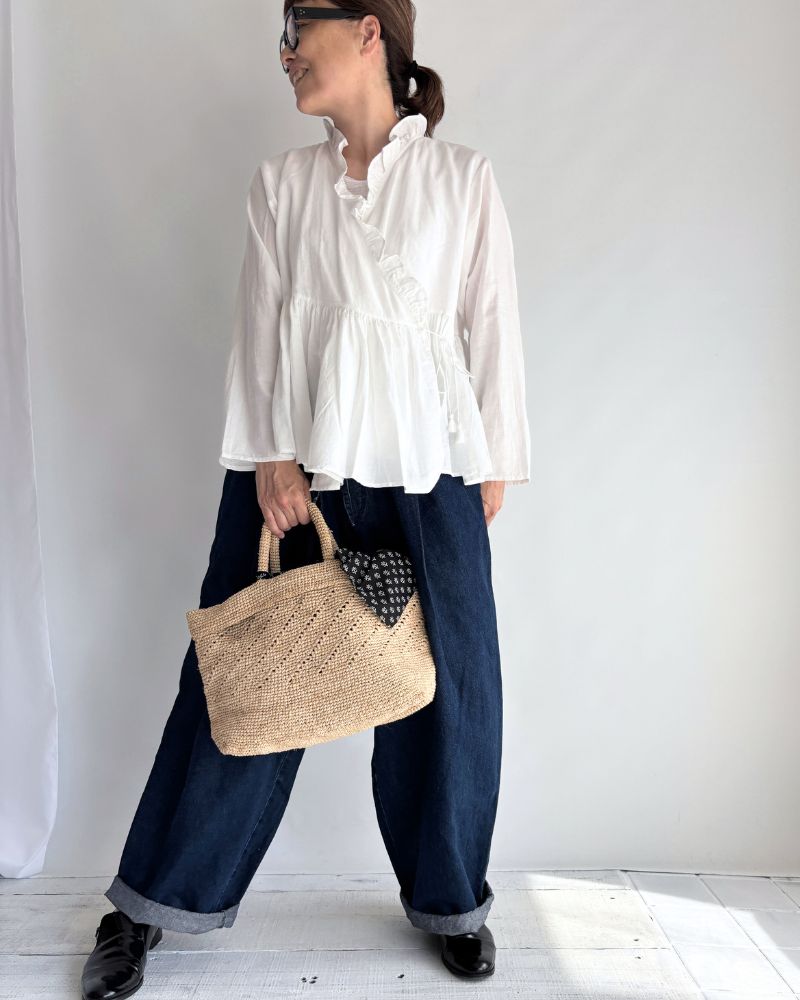 TWILL COTTON KHADI PLAIN (WASH) FRILL CACHE COEUR in White