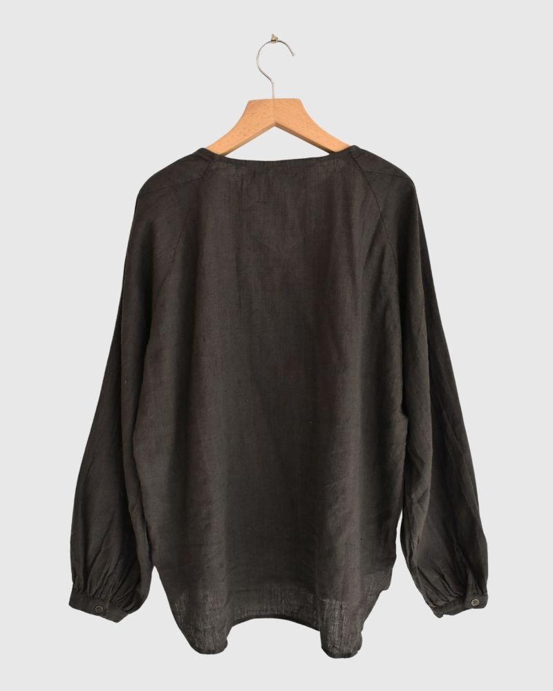 Hand Span Cotton Linen Ruffle Blouse in DarkBrown