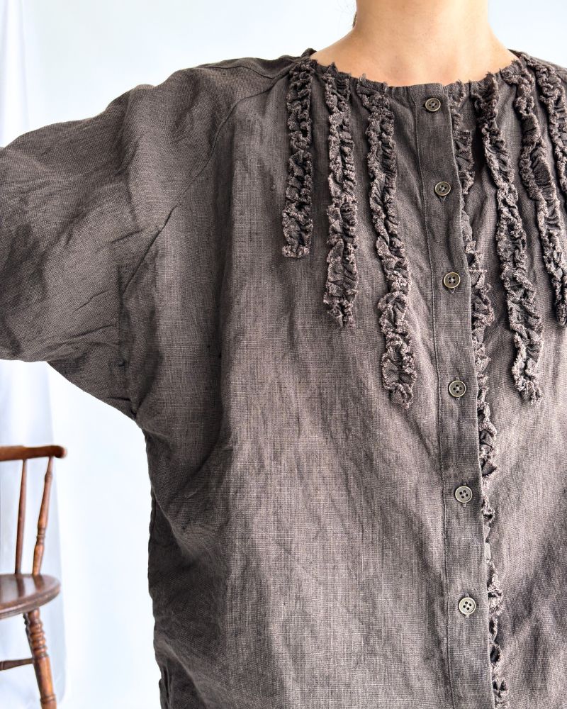 Hand Span Cotton Linen Ruffle Blouse in DarkBrown