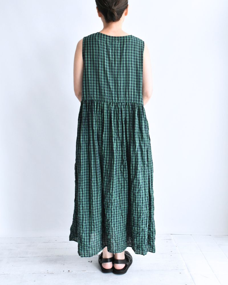 Block Check Sleeveless Gathered Dress in Green
