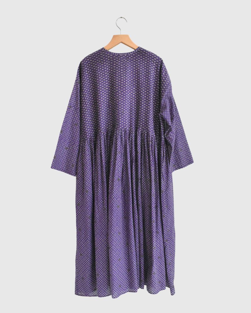 Crew Neck Button Shirts Dress with Mini Pintuck in Purple
