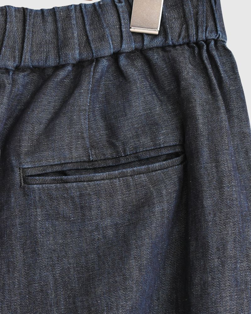 COTTON/LINEN DENIM 2TUCK TAPERED EASY PANTS in Navy